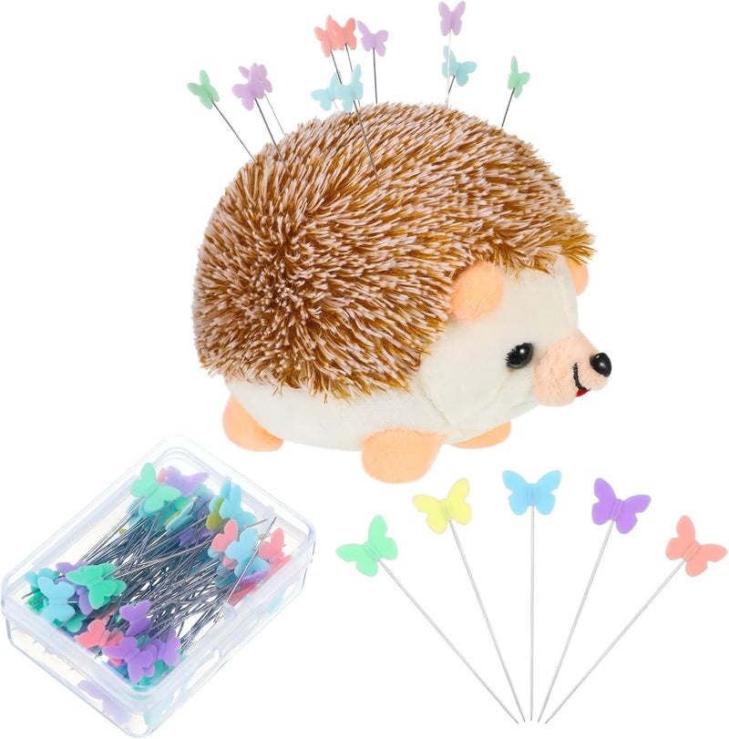 Dingion 101 Pcs Hedgehog Sewing Pincushion Kit Pin Cushions for Sewing Cute Hedgehog Pincushion Butterfly Flat Head Straight Pins DIY Crafts Set Needle Cushions Holder for DIY Jewelry Decor - Image 1